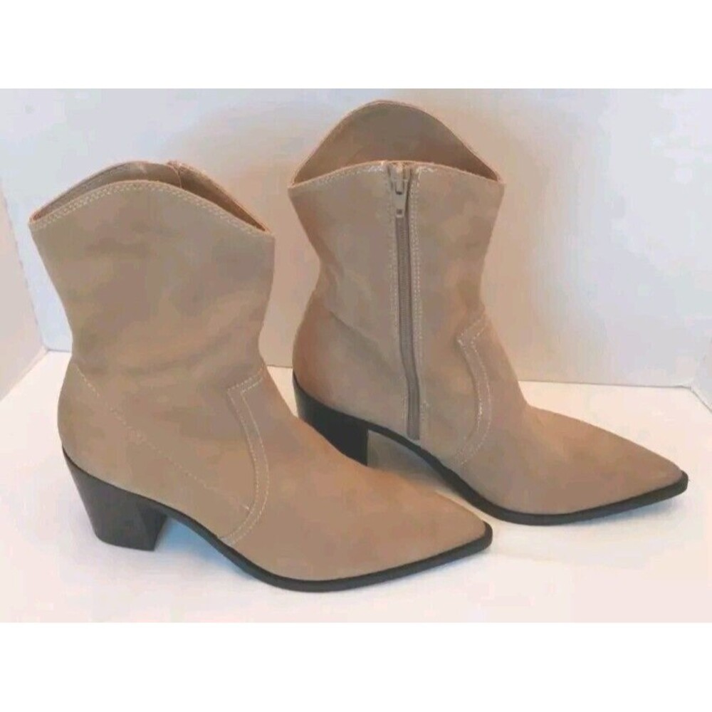 BP Surina Lea 11 M High Block Heel Pointed Toe Ankle Boot Cowgirl Leather Tan